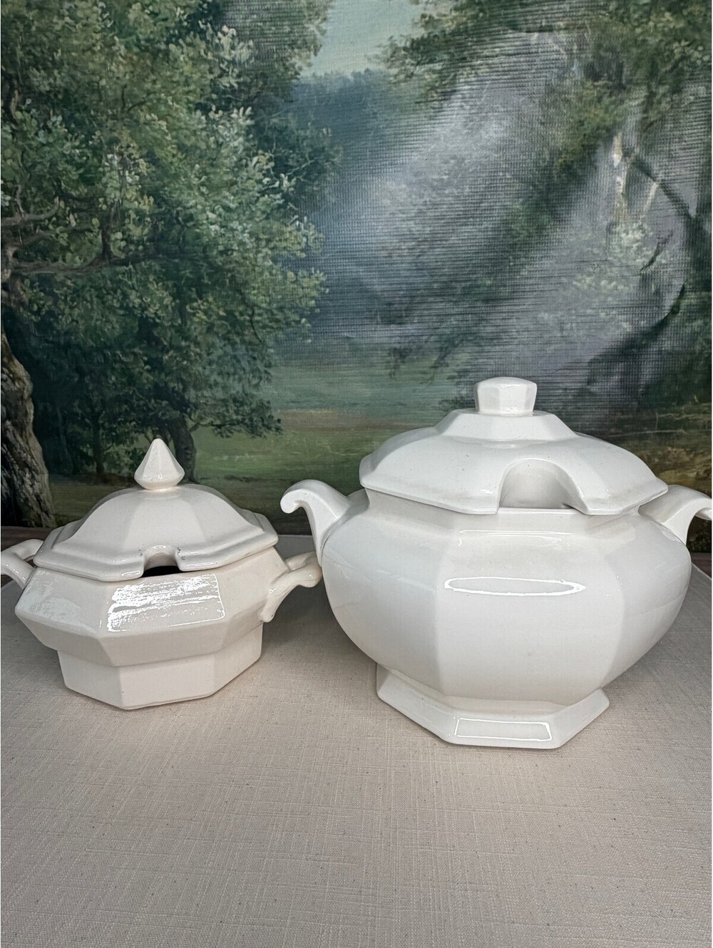 Vintage White Iron Stone Octagonal Covered Tureen Serving Set